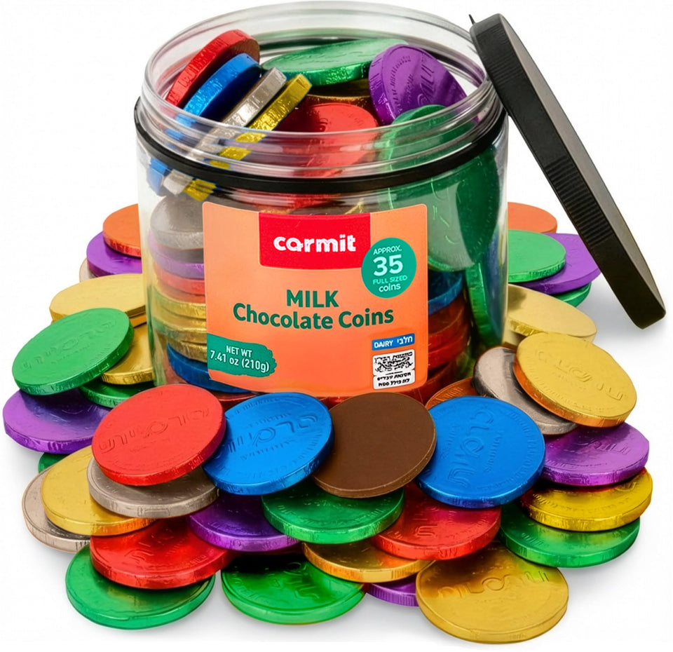 Carmit multi-color chocolate coins in foil tub, ideal for gifting