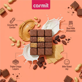 Carmit peanut butter filled wafer cubes, creamy center in every bite