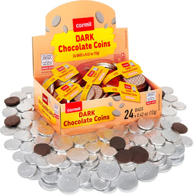 Carmit silver dark chocolate coins in a 24-pack wrapped for Hanukkah gelt.