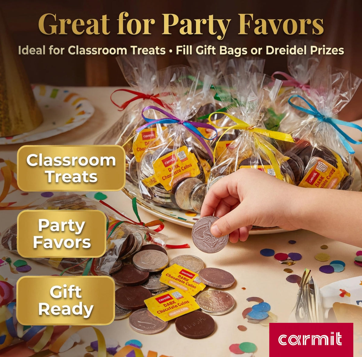 Carmit silver-wrapped coins close-up with shiny foil finish for gifts.