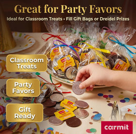 Carmit silver-wrapped coins close-up with shiny foil finish for gifts.
