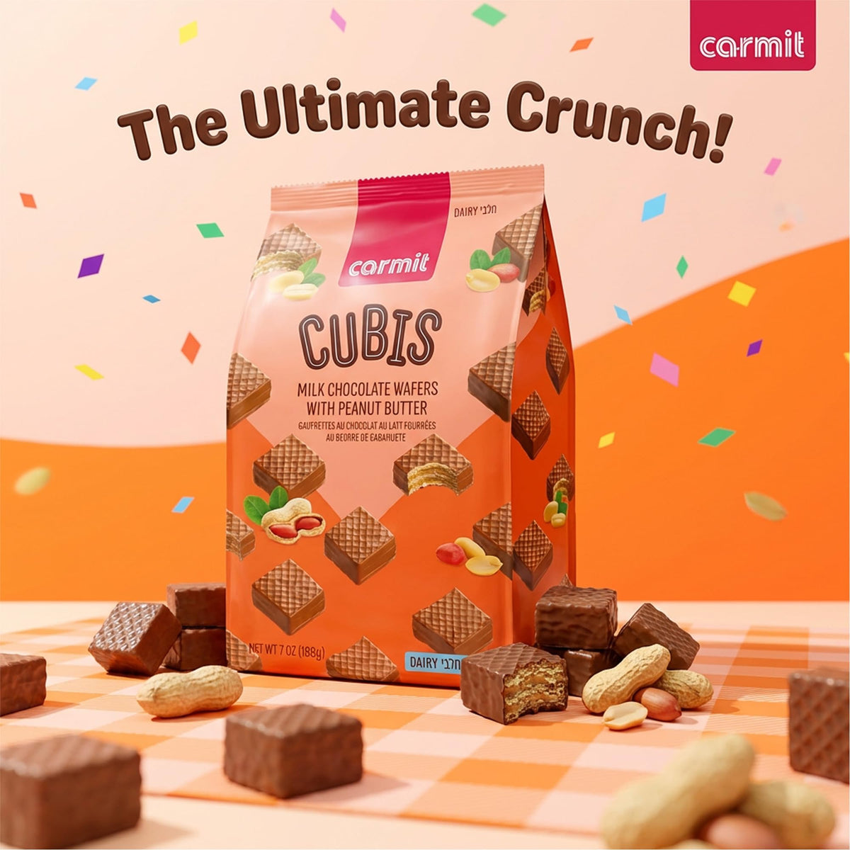 Carmit wafer cubes with chocolate coating, smooth milk chocolate over crisp wafers