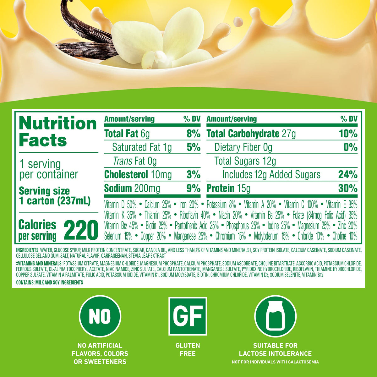 Carnation Breakfast Essentials classic French Vanilla glass highlights creamy texture and protein boost.