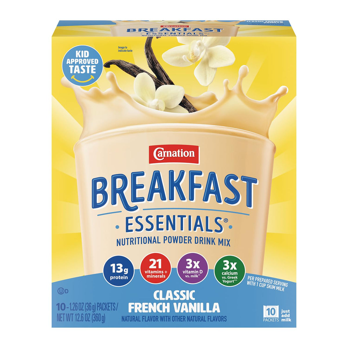 Carnation Breakfast Essentials classic French vanilla powder box ready for quick mornings.