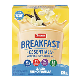 Carnation Breakfast Essentials classic French vanilla powder box ready for quick mornings.