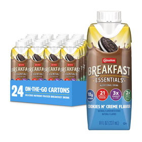 Carnation Breakfast Essentials Cookies N Crème bottle front view, ideal for a quick protein-rich breakfast.
