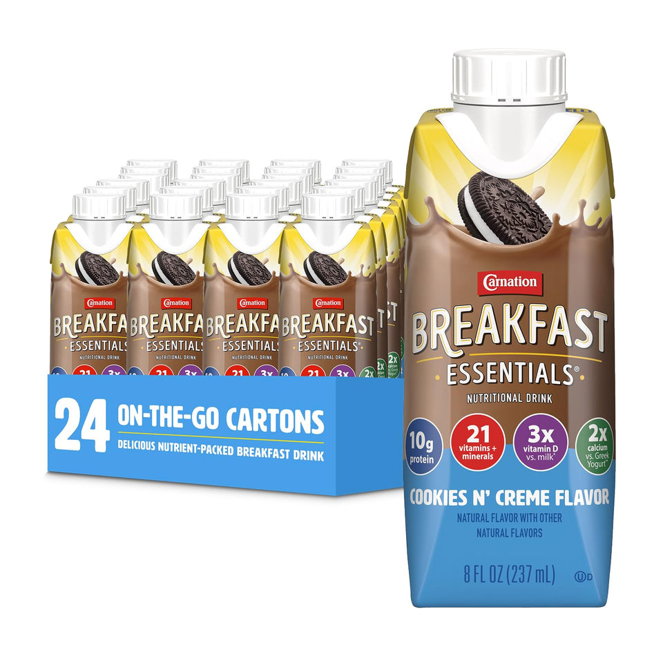 Carnation Breakfast Essentials Cookies N Crème bottle front view, ideal for a quick protein-rich breakfast.