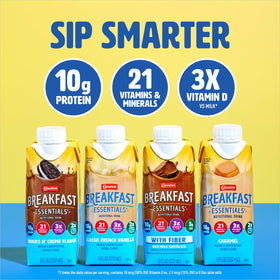 Carnation Breakfast Essentials Cookies N Crème bottle with nutrition label, 10 g protein per serving.