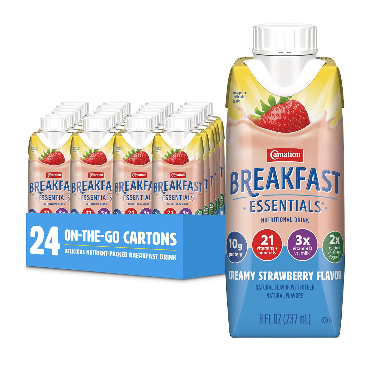 Carnation Breakfast Essentials Creamy Strawberry front carton showcasing convenient on-the-go breakfast