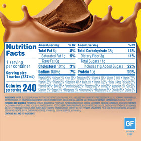 Carnation Breakfast Essentials fiber-enriched bottle label highlighting added fiber for fullness.