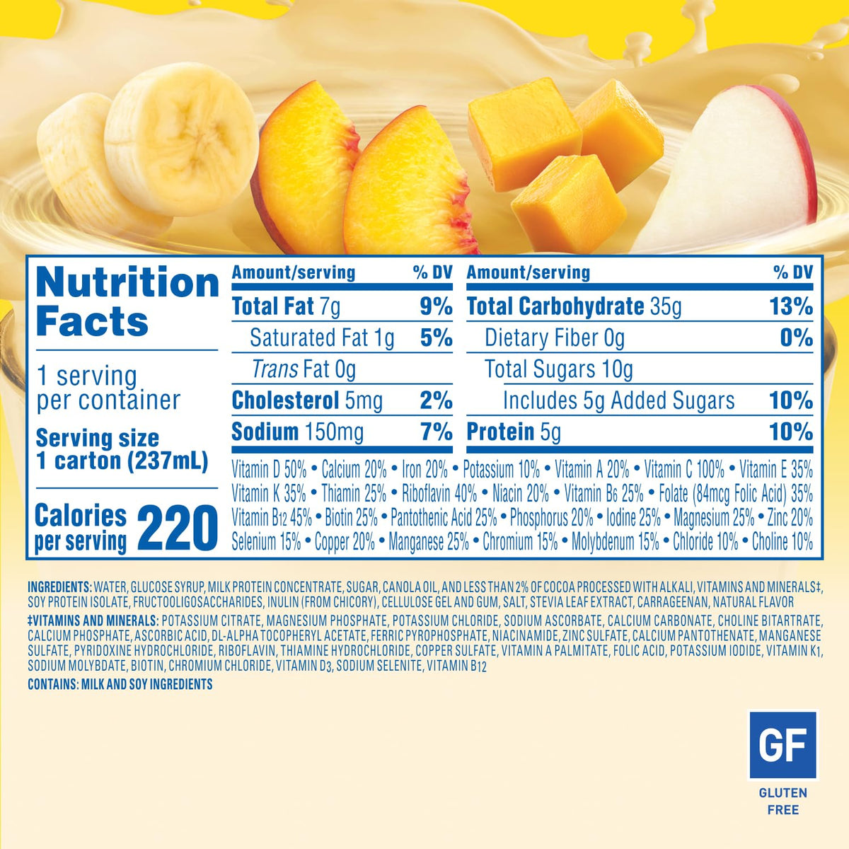 Carnation Breakfast Essentials Tropical smoothie bottle highlighting fruit and protein nutrition.