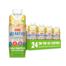 Carnation Breakfast Essentials high-protein bottle shows ready-to-drink breakfast option with lasting convenience.