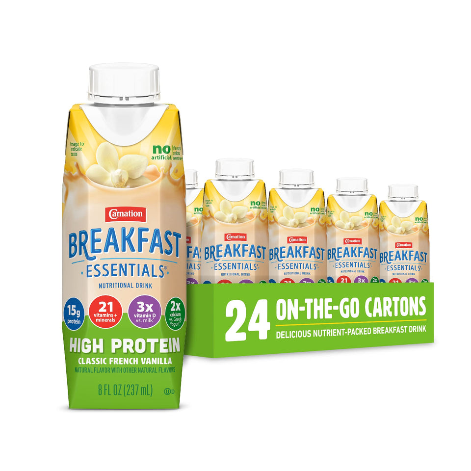 Carnation Breakfast Essentials high-protein bottle shows ready-to-drink breakfast option with lasting convenience.