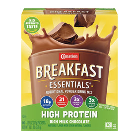 Carnation Breakfast Essentials high-protein powder bottle for quick, protein-rich mornings.