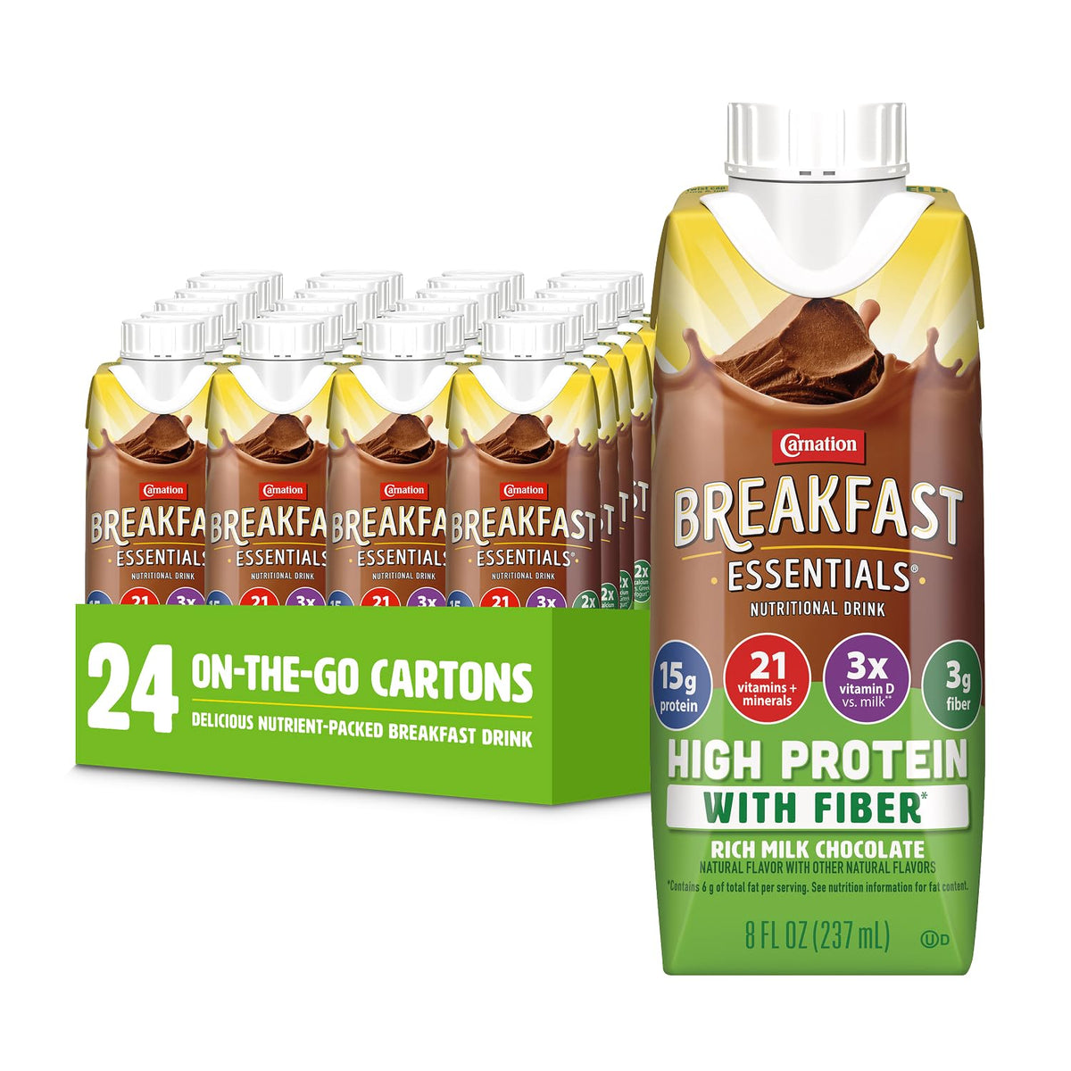 Carnation Breakfast Essentials High Protein with Fiber milk chocolate carton for quick protein-rich mornings