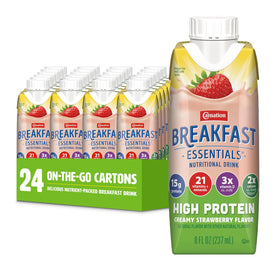 Carnation Breakfast Essentials high-protein strawberry bottle front, ready-to-drink shake for busy mornings.