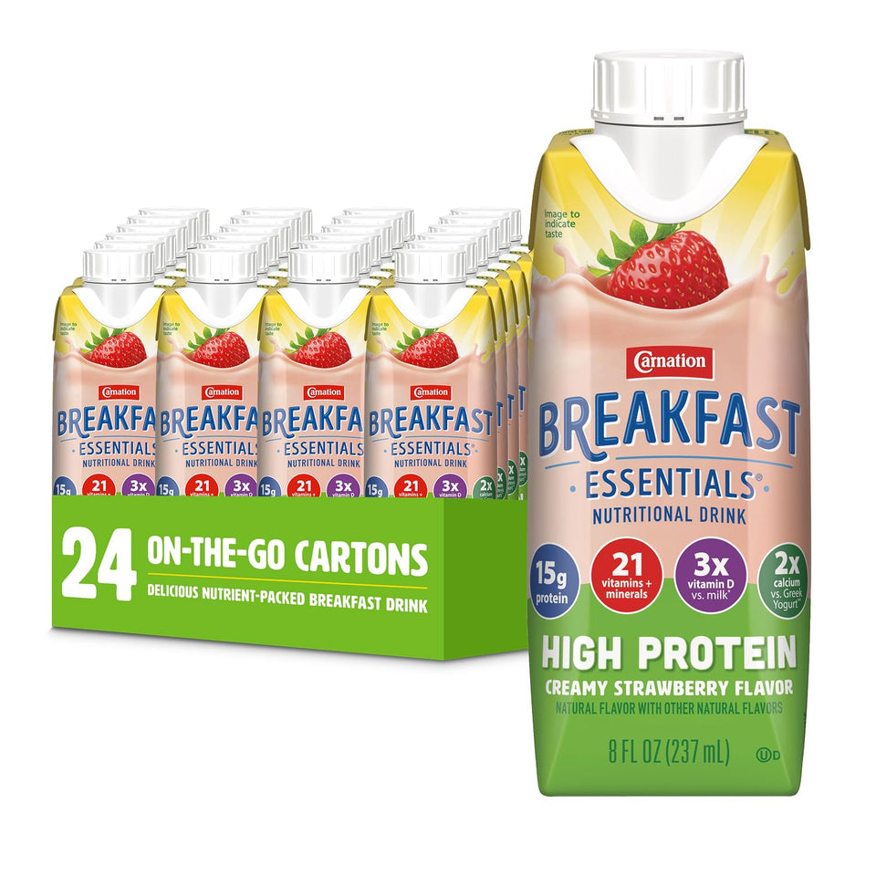Carnation Breakfast Essentials high-protein strawberry bottle front, ready-to-drink shake for busy mornings.