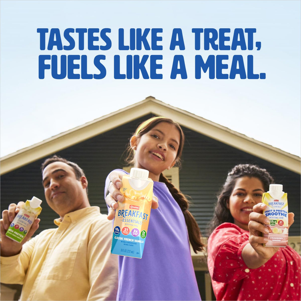 Carnation Breakfast Essentials high-protein strawberry carton close-up, highlights convenient ready-to-drink nutrition.