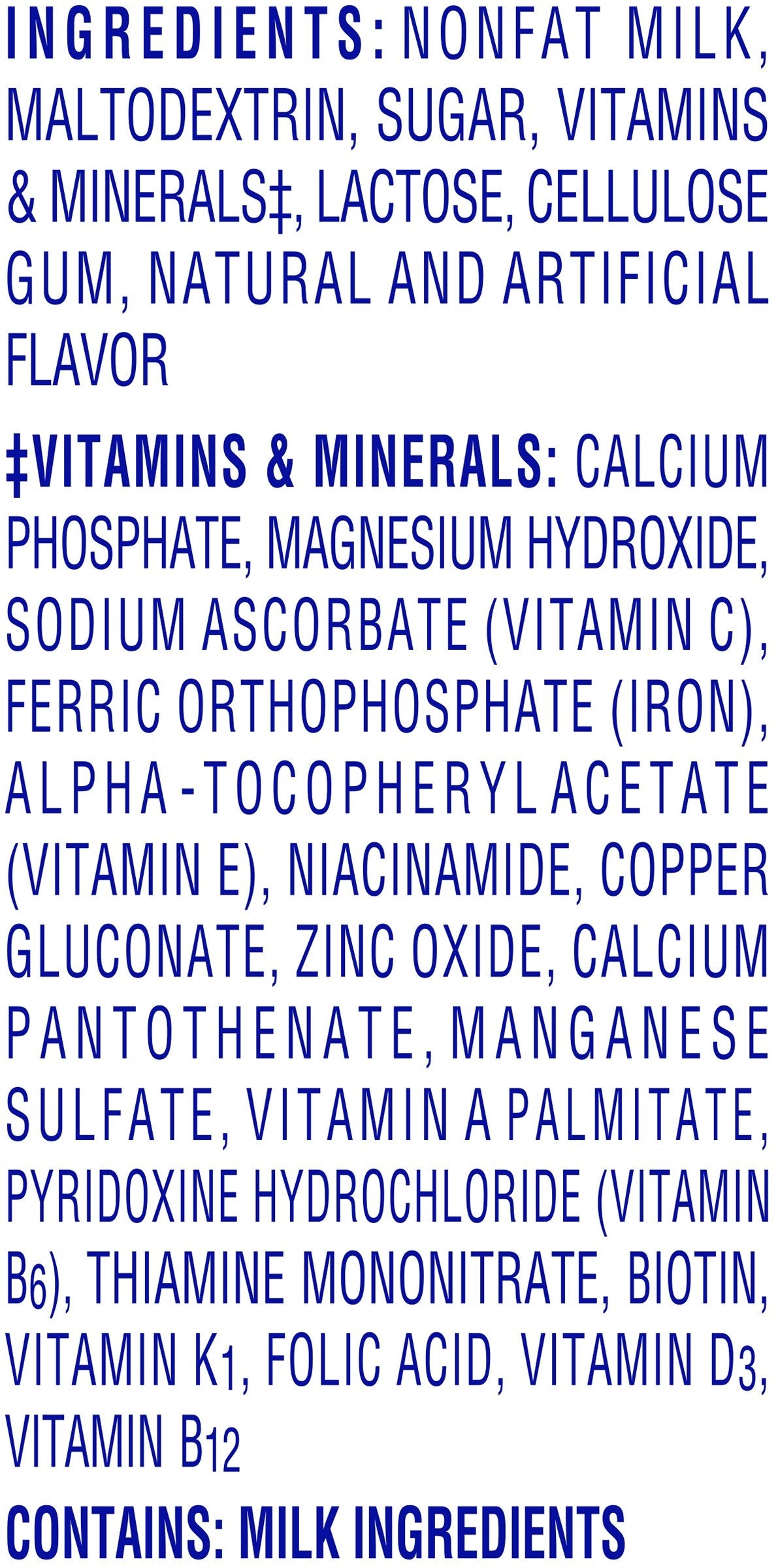 Carnation Breakfast Essentials nutrition facts image emphasizes vitamins and minerals for daily support.