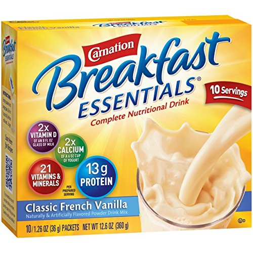 Carnation Breakfast Essentials pour-milk image demonstrates quick, high-protein morning nourishment on the go.