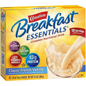 Carnation Breakfast Essentials pour-milk image demonstrates quick, high-protein morning nourishment on the go.