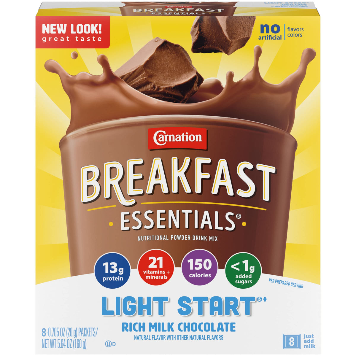 Carnation Breakfast Essentials Light Start per-serving 150 calories for quick nutrition.