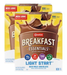 Carnation Breakfast Essentials Light Start rich milk chocolate powder for a lighter breakfast option.