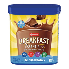 Carnation Breakfast Essentials Rich Milk Chocolate canister with resealable lid for quick breakfast prep.