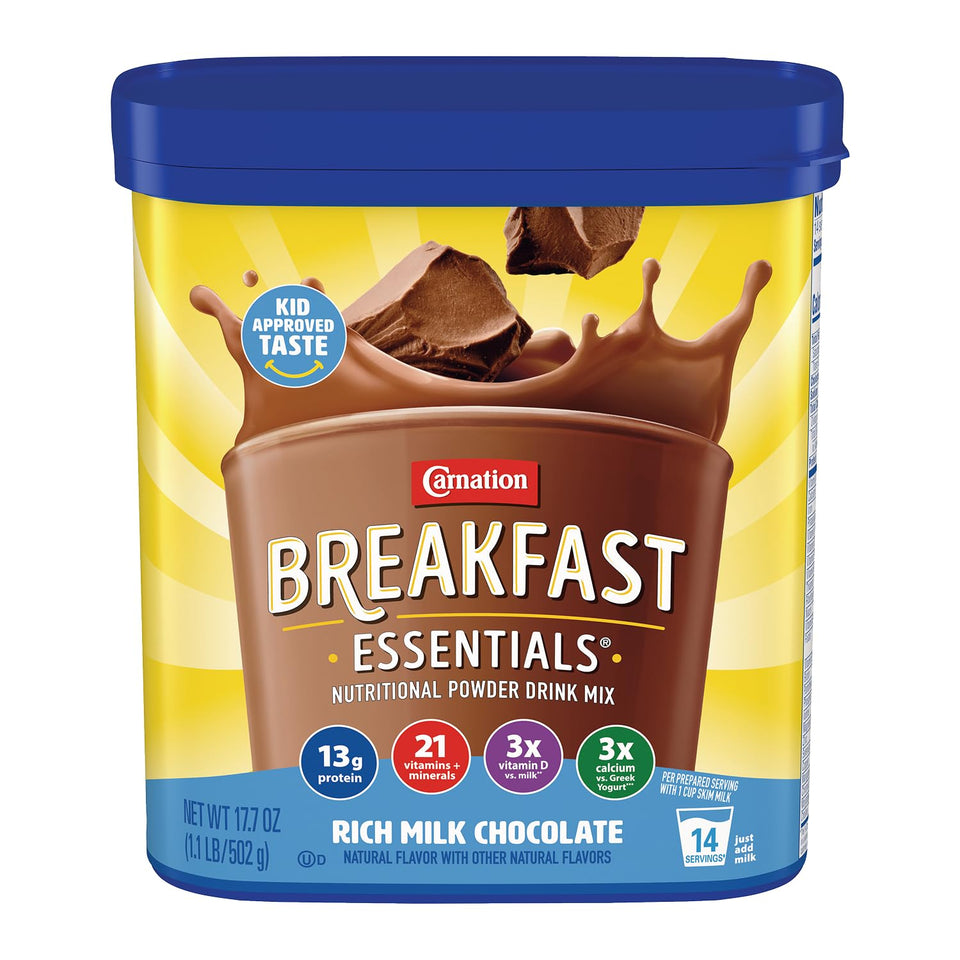 Carnation Breakfast Essentials Rich Milk Chocolate canister with resealable lid for quick breakfast prep.