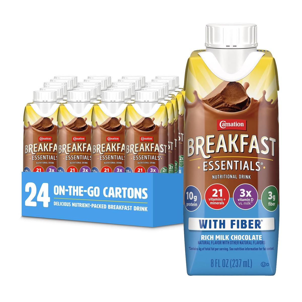 Carnation Breakfast Essentials rich milk chocolate carton pouring for a protein-boost breakfast.