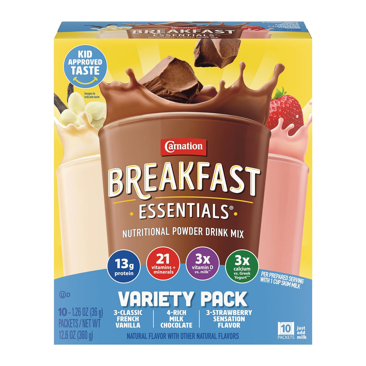 Carnation Breakfast Essentials Rich Milk Chocolate packet ready-to-mix for a protein boost.