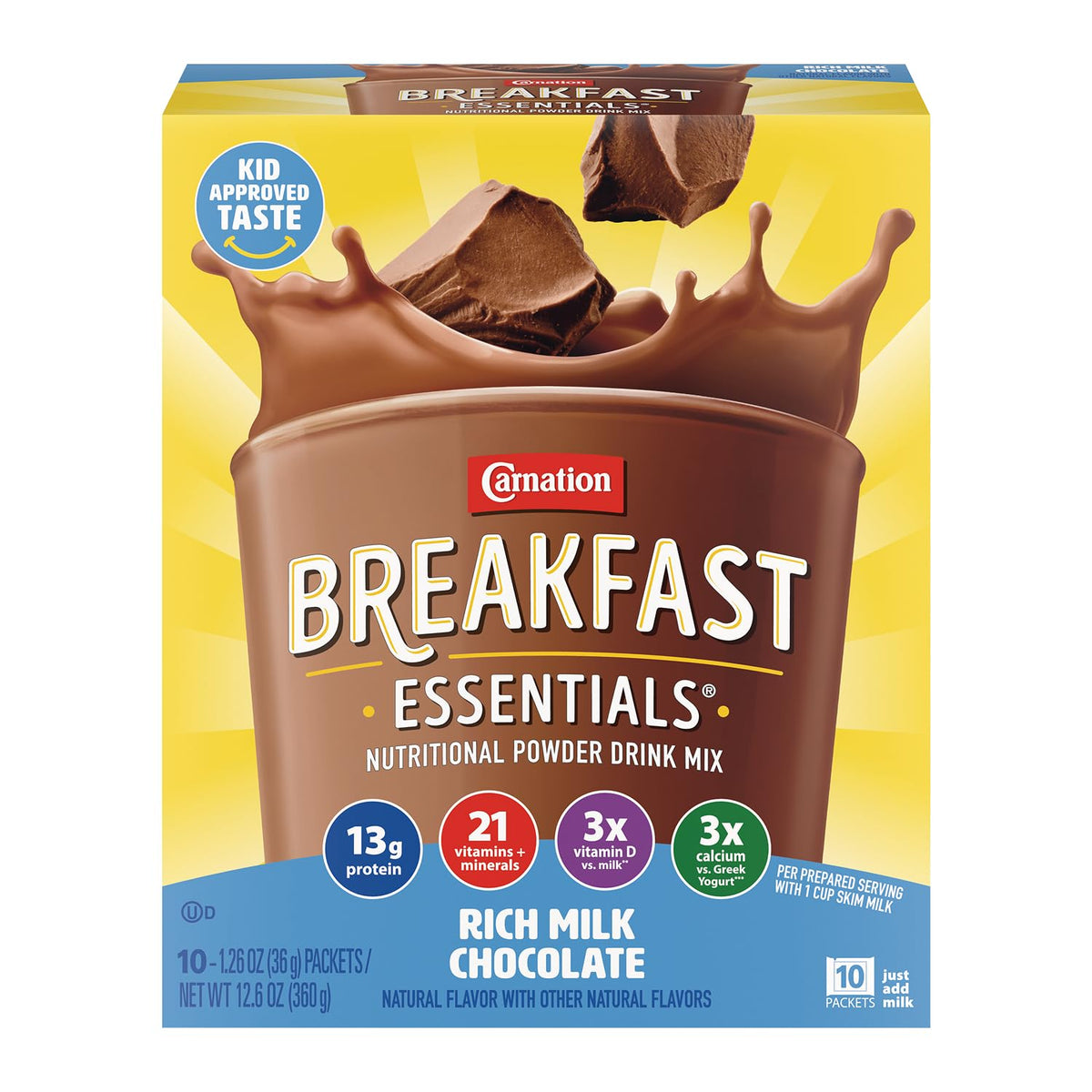 Carnation Breakfast Essentials rich milk chocolate packets for a protein-packed morning