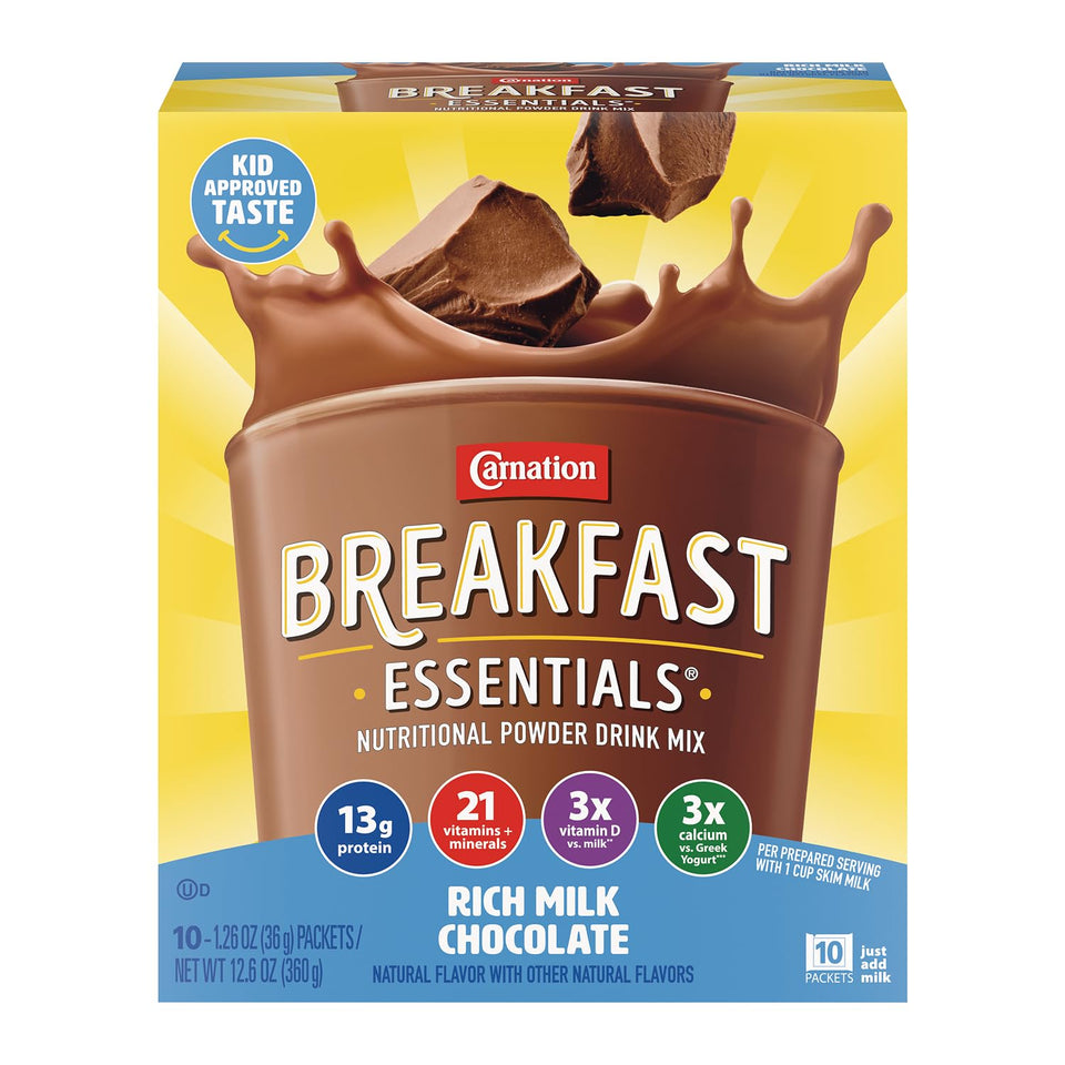 Carnation Breakfast Essentials rich milk chocolate packets for a protein-packed morning