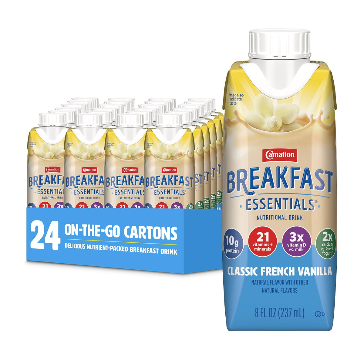Carnation Breakfast Essentials RTD carton with classic French vanilla, convenient protein-packed breakfast option.