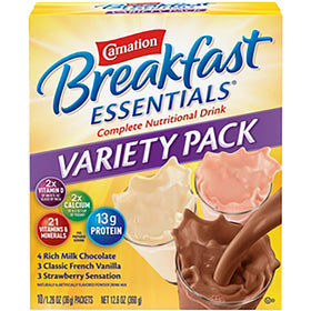 Carnation Breakfast Essentials shake poured into a glass for convenient protein boost