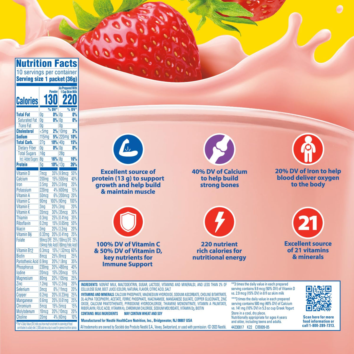 Carnation Breakfast Essentials strawberry powder being mixed with milk for easy preparation.