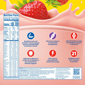 Carnation Breakfast Essentials strawberry powder being mixed with milk for easy preparation.