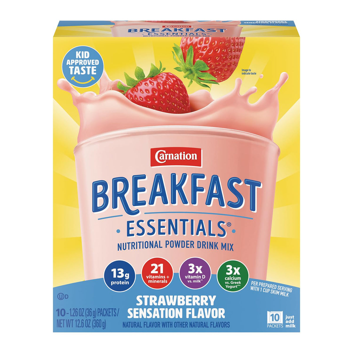 Carnation Breakfast Essentials strawberry powder packet for quick, protein-rich breakfasts.