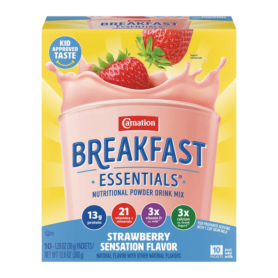 Carnation Breakfast Essentials strawberry powder packet for quick, protein-rich breakfasts.