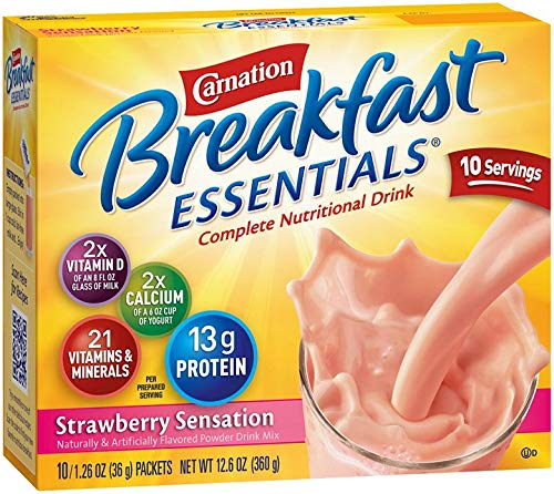 Carnation Breakfast Essentials Strawberry Sensation powder 36g for quick, protein-rich breakfast boosts.