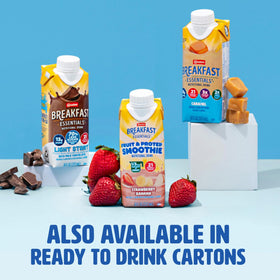 Carnation Breakfast Essentials Strawberry Sensation ready-drink bottle promotes quick balanced nutrition.