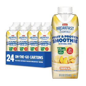 Carnation Breakfast Essentials Tropical packaging shows a convenient, on-the-go breakfast solution.