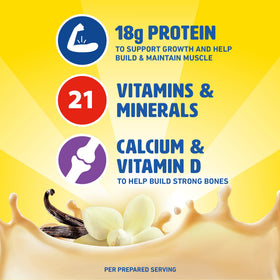 Carnation Breakfast Essentials vanilla-flavor powder mixed with milk for creamy shakes.