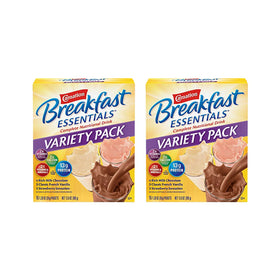 Carnation Breakfast Essentials variety-pack boxes on the counter offering quick morning nutrition