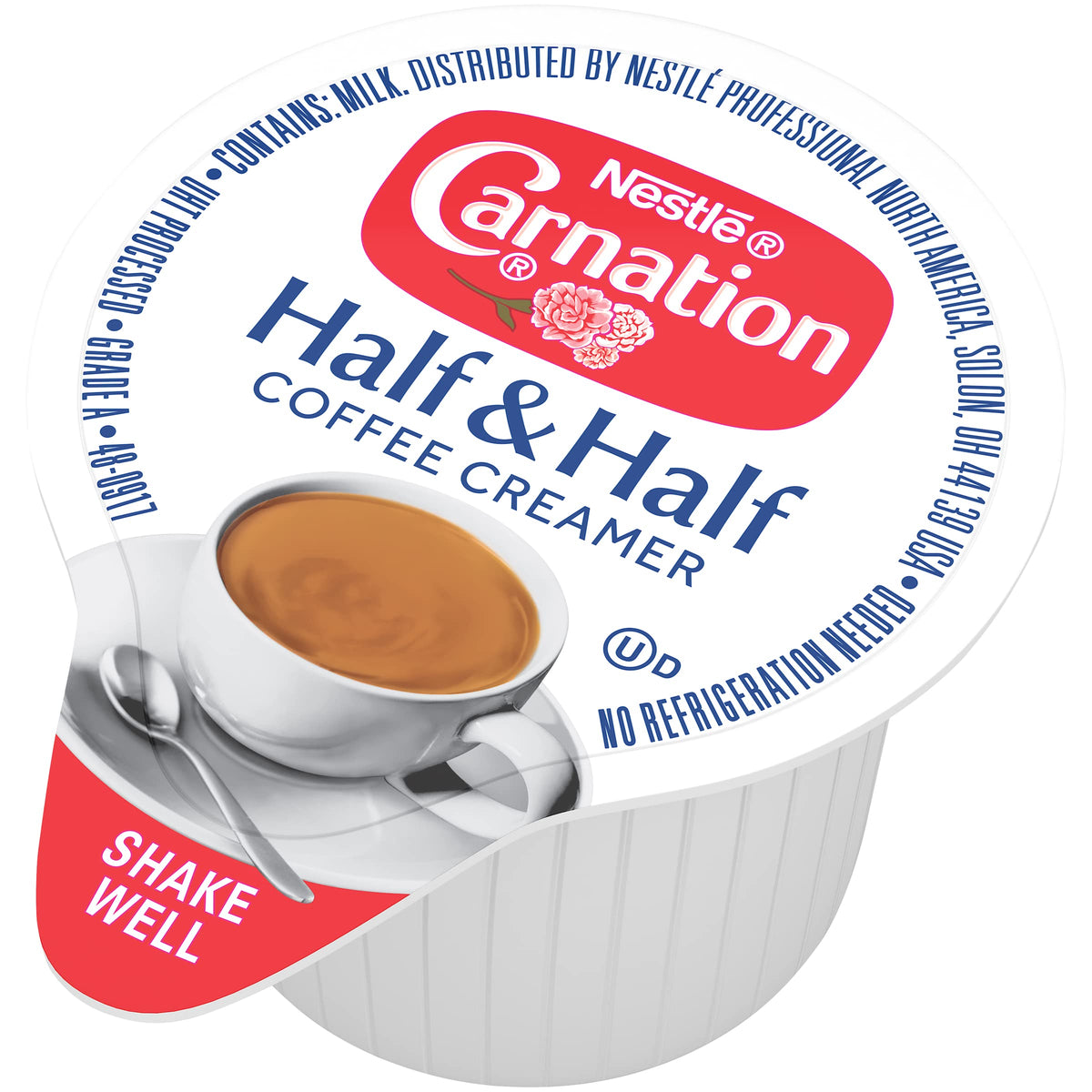 Pantry shelf stocked with Carnation creamer for beverages and desserts.