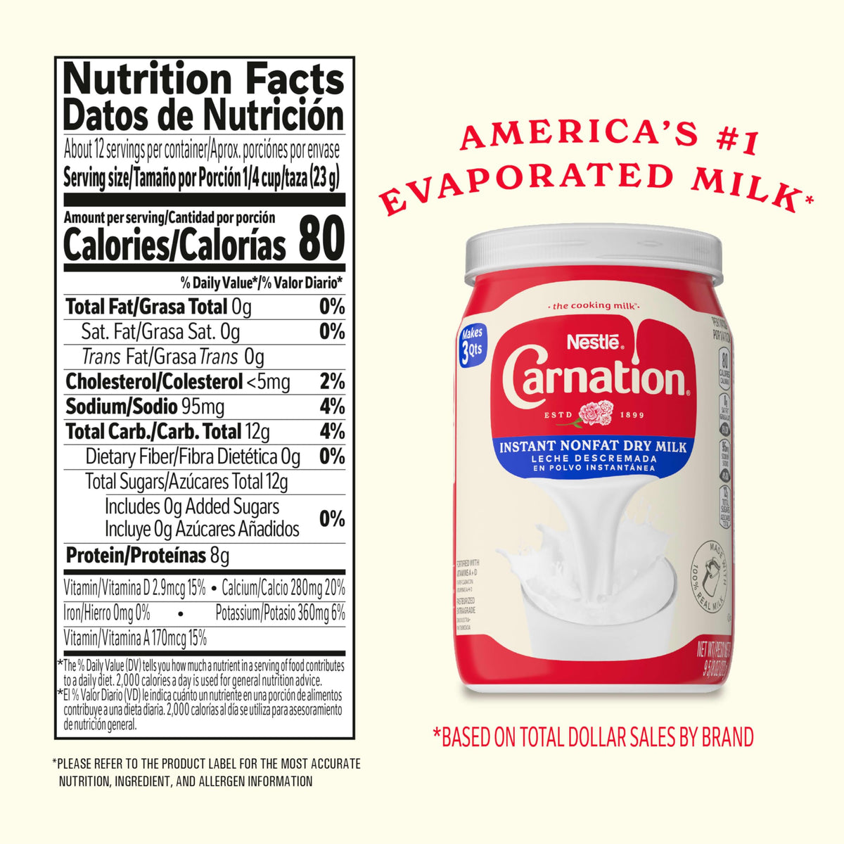 Stay-fresh packaging keeps Carnation dry milk ready.