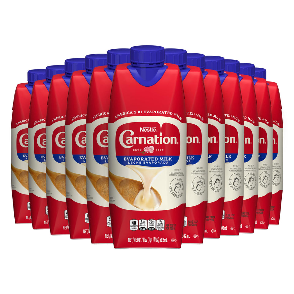 Carnation evaporated milk carton close-up for creamy cooking texture.