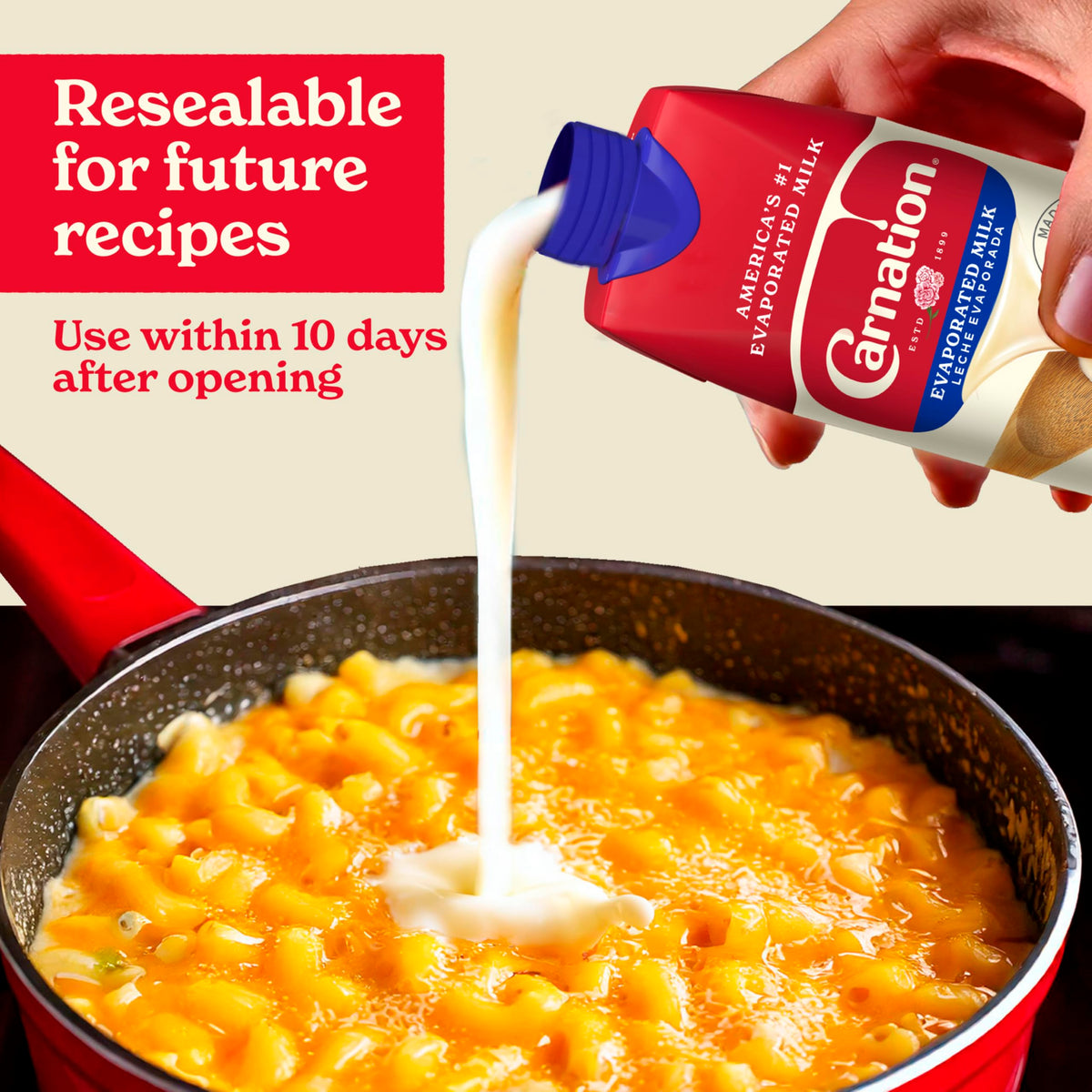 Pouring Carnation evaporated milk into sauce for creamy texture.