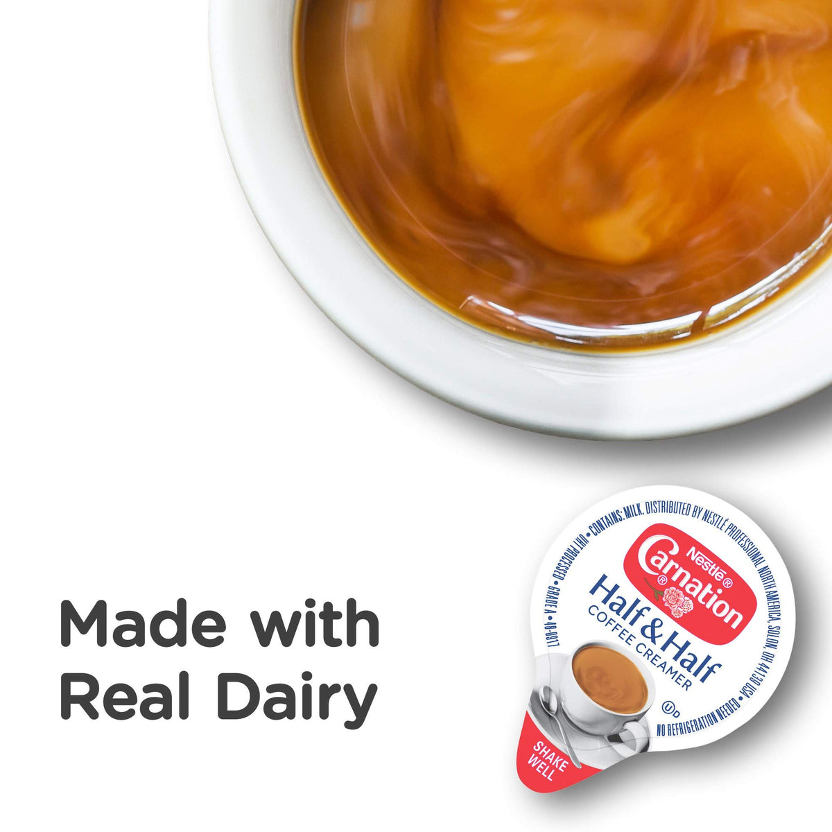 Closeup of a single Carnation Half and Half tub showing real dairy richness.