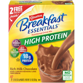 Carnation High Protein Powder milk chocolate pack shot for quick, protein-rich mornings.